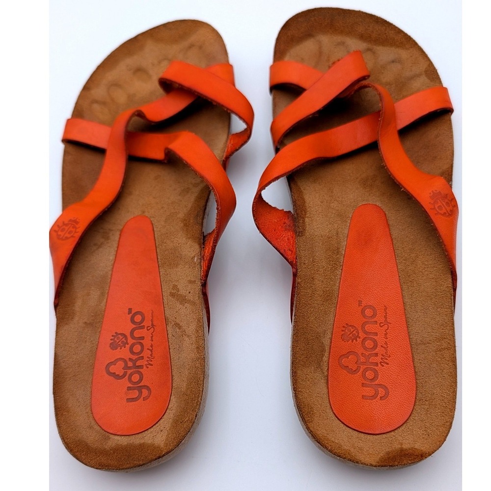 Yokono Womens Orange Leather Strappy Slide Sandals Made in Spain Size 8